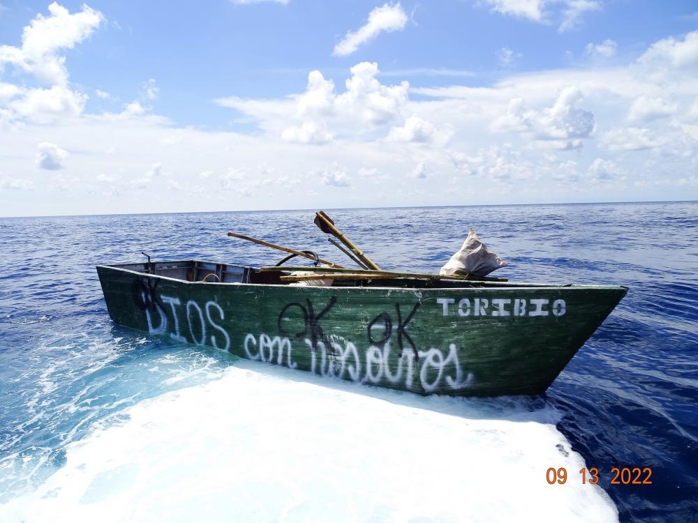 Coast Guard Cutter Pablo Valent's crew notified Sector Key West watchstanders of this rustic vessel about 45 miles south of Marquesas Key, Florida, Sept. 13, 2022. The people were repatriated to Cuba on Sept. 15, 2022. (U.S. Coast Guard photo)