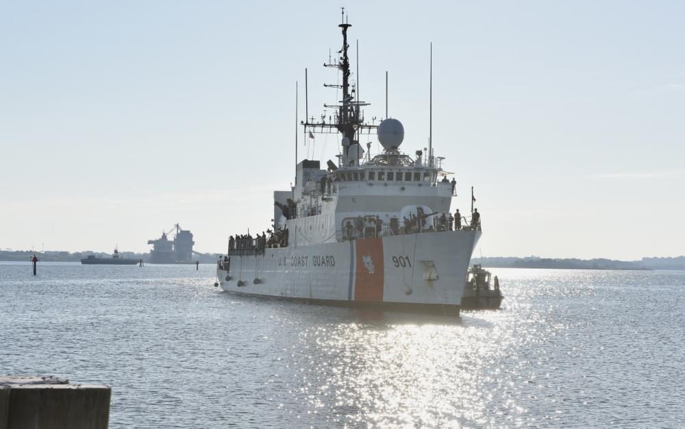The USCGC Bear (WMEC 901) approaches the pier in Portsmouth, Virginia, Monday. 