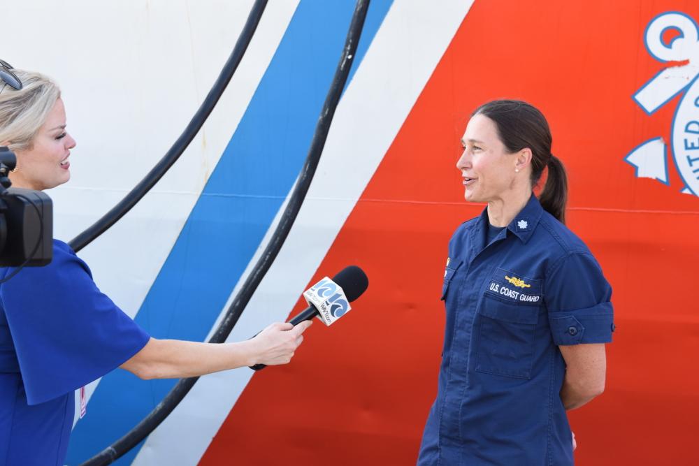 Cmdr. Brooke Millard, the USCGC Bear’s (WMEC 091) commanding officer, gives an interview after disembarking at the pier in Portsmouth, Virginia, Monday. 