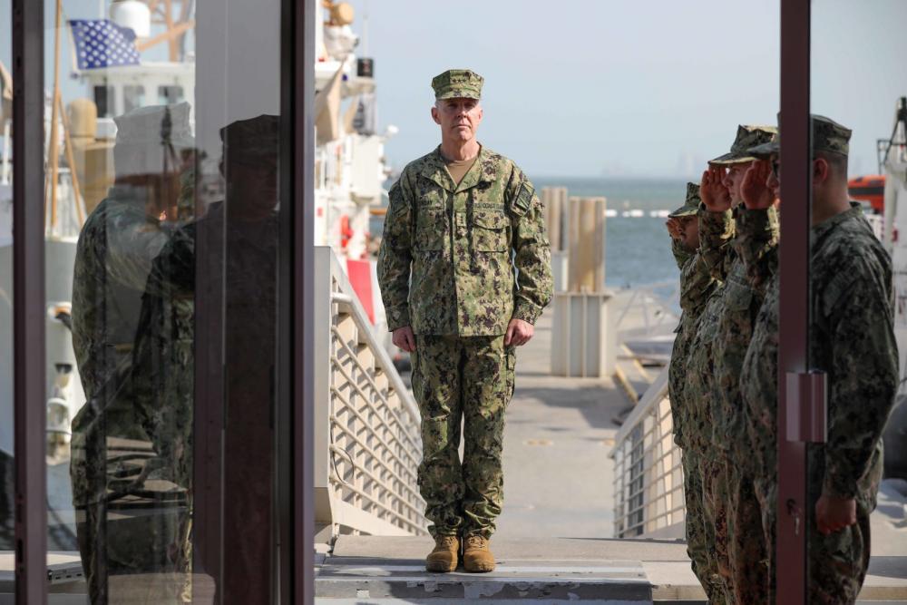 ice Adm. Kevin E. Lunday, commander of Coast Guard Atlantic Area, arrives at the decommissioning ceremony for USCGC Baranof (WPB 1318) in Manama, Bahrain, Sept. 26, 2022.