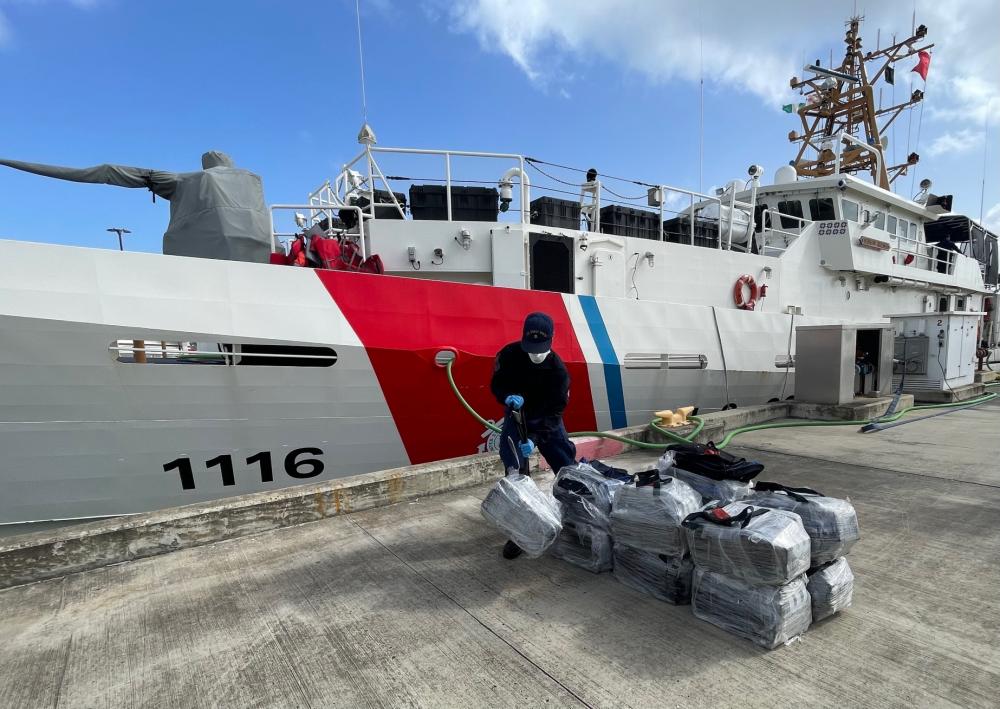 The crew of the Coast Guard Cutter Winslow Griesser and Caribbean Corridor Strike Force agents offloaded 721pounds (327kgs) of cocaine Wednesday in San Juan, Puerto Rico, following the interdiction of a smuggling vessel in the Mona Passage Sept. 26, 2022. Four men apprehended in this case are facing federal prosecution in Puerto Rico on drug smuggling charges. The interdiction is the result of multi-agency efforts involving the Organized Crime Drug Enforcement Task Force (OCDETF), the Caribbean Border Interagency Group and the Caribbean Corridor Strike Force. (U.S. Coast Guard photo by Ricardo Castrodad)