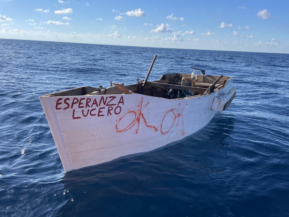 A Coast Guard Air Station Clearwater C-130 airplane crew alerted Sector Key West watchstanders of this rustic vessel about 32 miles southwest of Marquesas Key, Oct. 4, 2022. (Coast Guard courtesy photo)