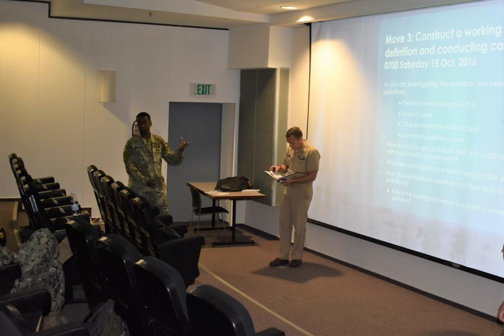 U.S. Army Public Health Command Europe Human and Health Services Director Lt. Col. William Washington teaching part of U.S. Air Force led Public Health Emergency Management training exercise held at Ramstein Air Base, Nov. 24 to 28.