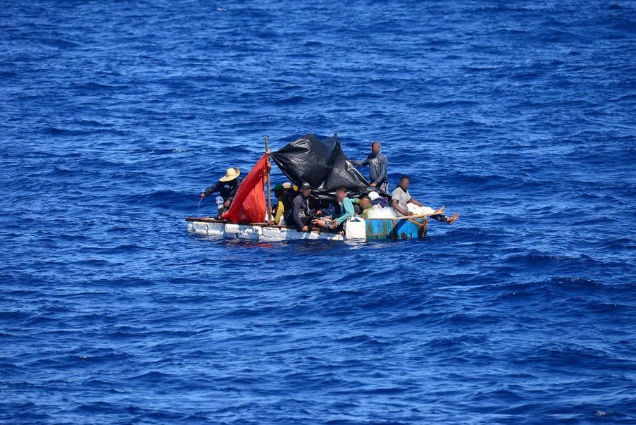 Coast Guard Cutter Raymond Evans' crew alerted Sector Key West watchstanders of this homemade vessel about 50 miles south of Marquesas Key, Florida. The Cubans were repatriated to Cuba on Nov. 4, 2022. (U.S. Coast Guard photo by Cutter Raymond Evan's crew)
