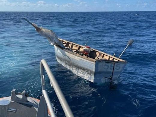 Coast Guard Cutter William Flores' crew alerted Sector Key West watchstanders of this migrant vessel about 3 miles south of Loggerhead Key, Florida, Nov. 15, 2022. The people were repatriated on Nov. 17, 2022. (U.S. Coast Guard photo by Station Key West's crew)