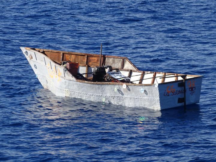 Coast Guard Cutter Edgar Culberton's crew alerted Sector Key West watchstanders of this rustic vessel about 60 miles south of Dry Tortugas, Florida, Nov. 16, 2022. The people were repatriated to Cuba on Nov. 22, 2022. (U.S. Coast Guard photo by Edgar Culbertson's crew)