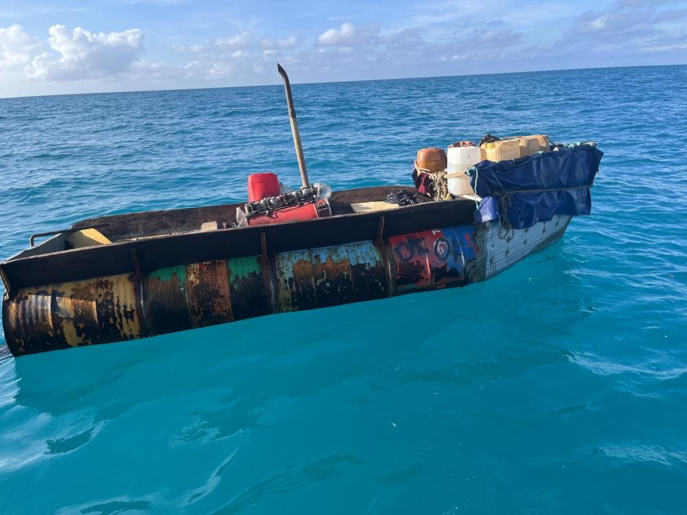 A migrant vessel floating near Vaca Key, Florida, Nov. 26, 2022. The Coast Guard Cutter Resolute's crew repatriated 192 Cubans to Cuba, Nov. 30, 2022, following 13 interdictions off Florida's coast. (U.S. Coast Guard photo)