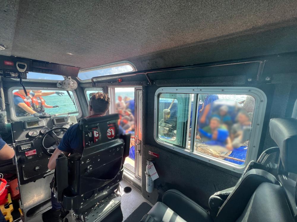 A Coast Guard Station Islamorada rescue crew stops a migrant venture near Alligator Reef Lighthouse, Florida, Nov. 24, 2022. The Coast Guard Cutter Resolute's crew repatriated 192 Cubans to Cuba, Nov. 30, 2022, following 13 interdictions off Florida's coast. (U.S. Coast Guard photo)