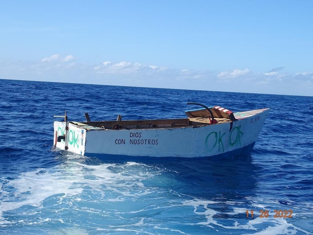 A migrant vessel floating near Marquesas, Florida, Nov. 26, 2022. The Coast Guard Cutter Resolute's crew repatriated 192 Cubans to Cuba, Nov. 30, 2022, following 13 interdictions off Florida’s coast. (U.S. Coast Guard photo)
