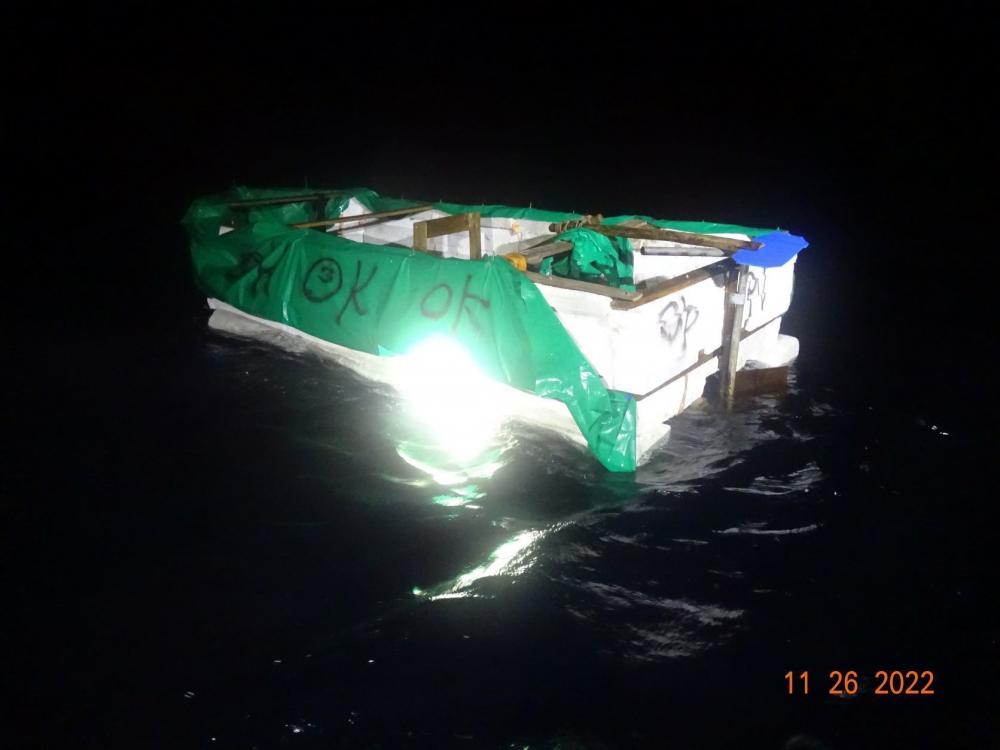 A migrant vessel floating near Marquesas, Florida, Nov. 26,2022. The Coast Guard Cutter Resolute’s crew repatriated 192 Cubans to Cuba, Nov. 30, 2022, following 13 interdictions off Florida’s coast. (U.S. Coast Guard photo)