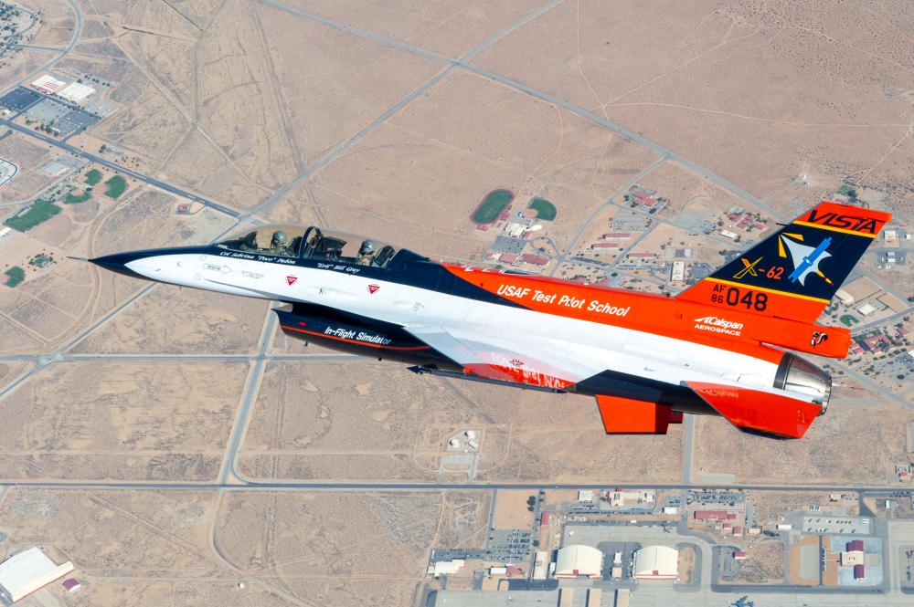 The X-62 performs a test flight over Edwards Air Force Base