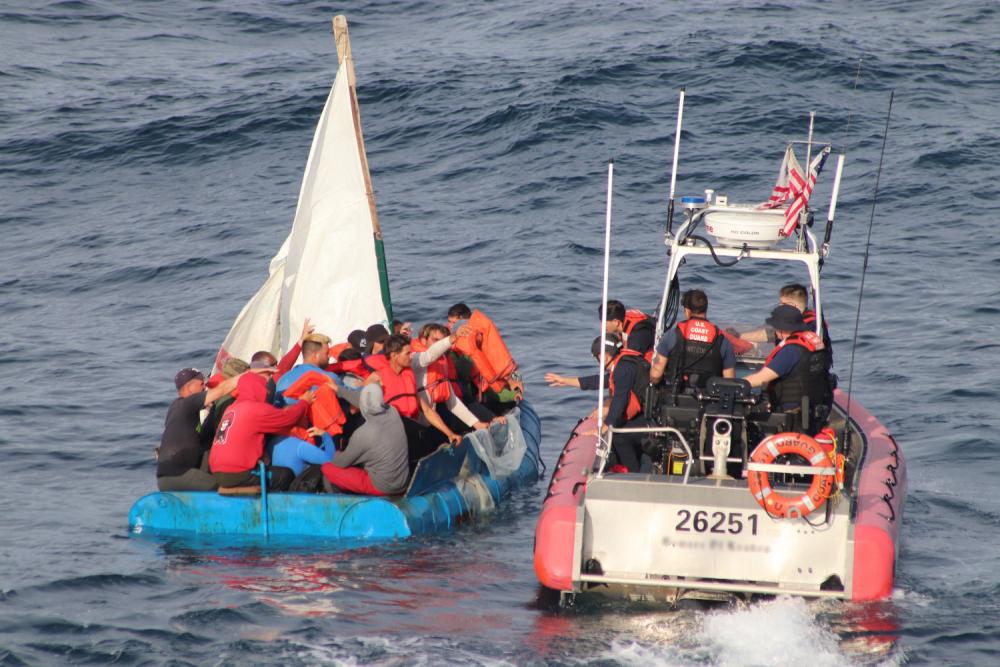 Coast Guard Cutter Richard Etheridge's crew notified Sector Key West watchstanders of this migrant vessel about 20 miles south of Key West, Florida, Dec. 20, 2022. The people were repatriated to Cuba on Dec. 22, 2022. (U.S. Coast Guard photo by Cutter Legare's crew)