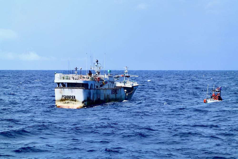The USCGC Frederick Hatch (WPC 1143) crew conducts a fisheries boarding in the Federated States of Micronesia exclusive economic zone on Dec. 17, 2022, under the newly expanded bilateral agreement. 