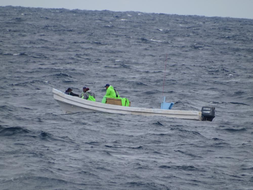 A Mexican lancha, with 5 fishermen aboard, is interdicted for illegally fishing by the crew of the Coast Guard Cutter Edgar Culbertson in federal waters off the southern Texas coast, Jan. 26, 2023. A 26-foot over-the-horizon cutter boat crew from the Culbertson interdicted the lancha, observed 300 pounds of illegally caught red snapper and illegal fishing gear on board and transferred the Mexican fishermen to Customs and Border Protection agents for processing. (U.S. Coast Guard photo by the cutter Edgar Culbertson)
