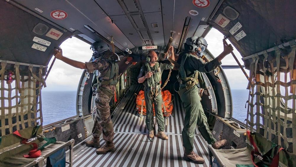 In Guam, initially for Cope North 23, the French contingent helps the U.S. Coast Guard search for missing mariners Feb. 11, 2023, with their Casa CN-235.