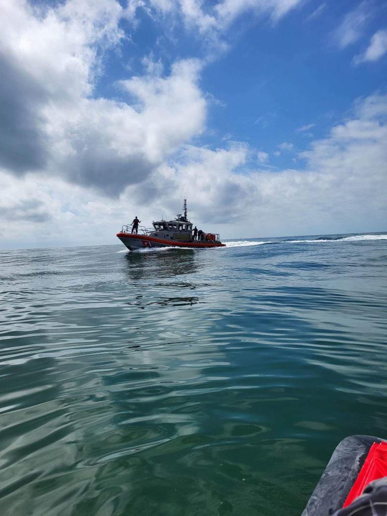 A Coast Guard Station Freeport 45-foot Response Boat–Medium crewcrew rescues six people after their vessel sinks near Freeport, Texas, Feb. 19, 2023. All six individuals were recovered and transported to Station Freeport. (U.S. Coast Guard photo, courtesy Station South Freeport)