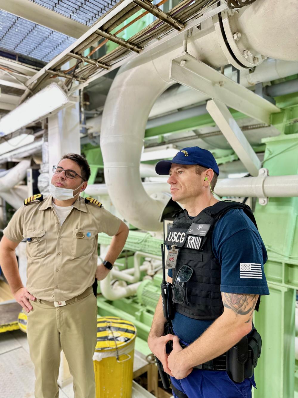 A U.S. Coast Guard boarding team from Forces Micronesia/Sector Guam conduct a security sweep of the engineering spaces aboard the 951-foot United Kingdom-flagged MS Diamond Princess following its arrival to Guam on March 3, 2023. 