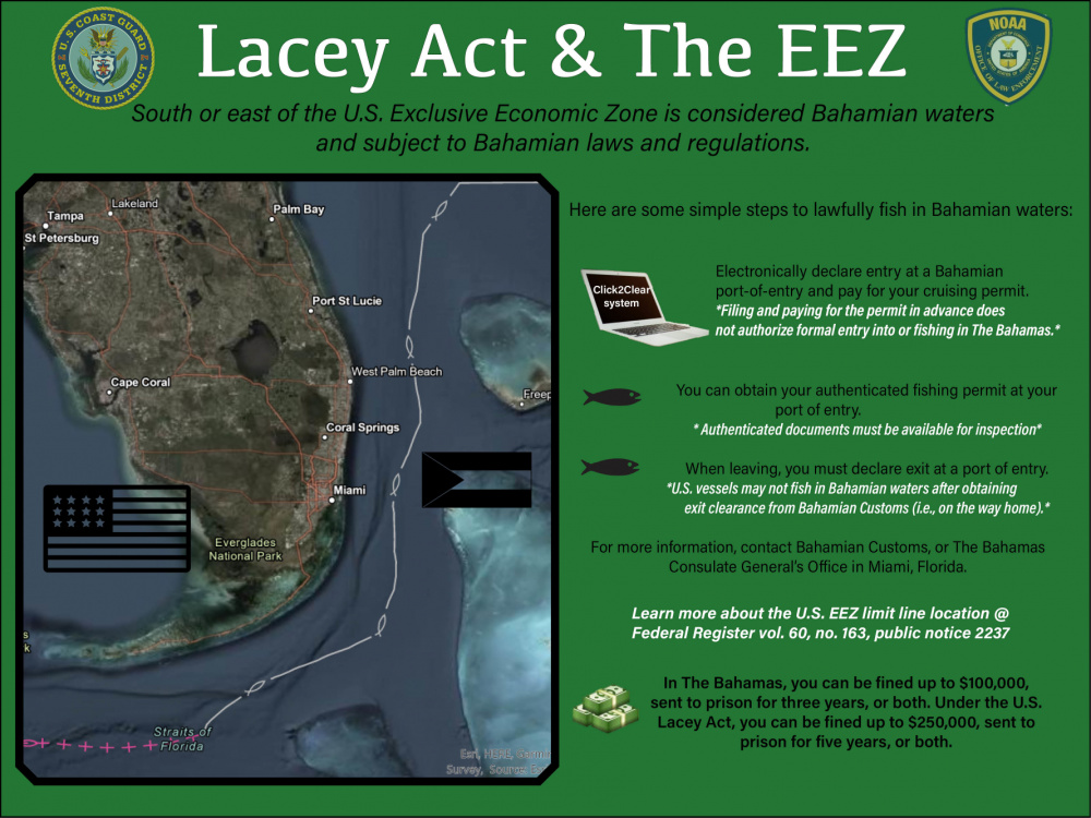 This graphic explains the Exclusive Ecomonic zone and how to legally fish in Bahamian waters. In the past two years, Coast Guard and NOAA fisheries law enforcement officers issued six Lacy act violations for fishing in Bahamian waters without a permit. (U.S. Coast Guard graphic by Petty Officer 1st Class Nicole J. Groll)