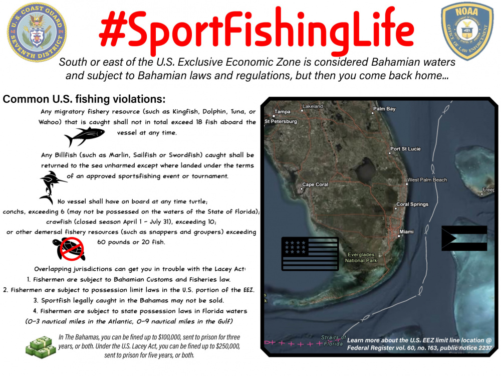 This graphic discusses the nuances of fishing in Bahamian waters and then transiting back through federal and state waters and the attention to detail fisherman need to adhere to to ensure they do not violate the Lacey Act. In the past two years, Coast Guard and NOAA fisheries law enforcement officers issued six Lacy act violations for fishing in Bahamian waters without a permit. (U.S. Coast Guard graphic by Petty Officer 1st Class Nicole J. Groll)